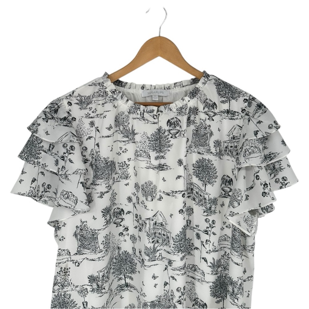 Sugarlips Renzo Toile Ruffle Blouse Short Flutter Sleeves size 2X Keyhole V Neck - Picture 4 of 11